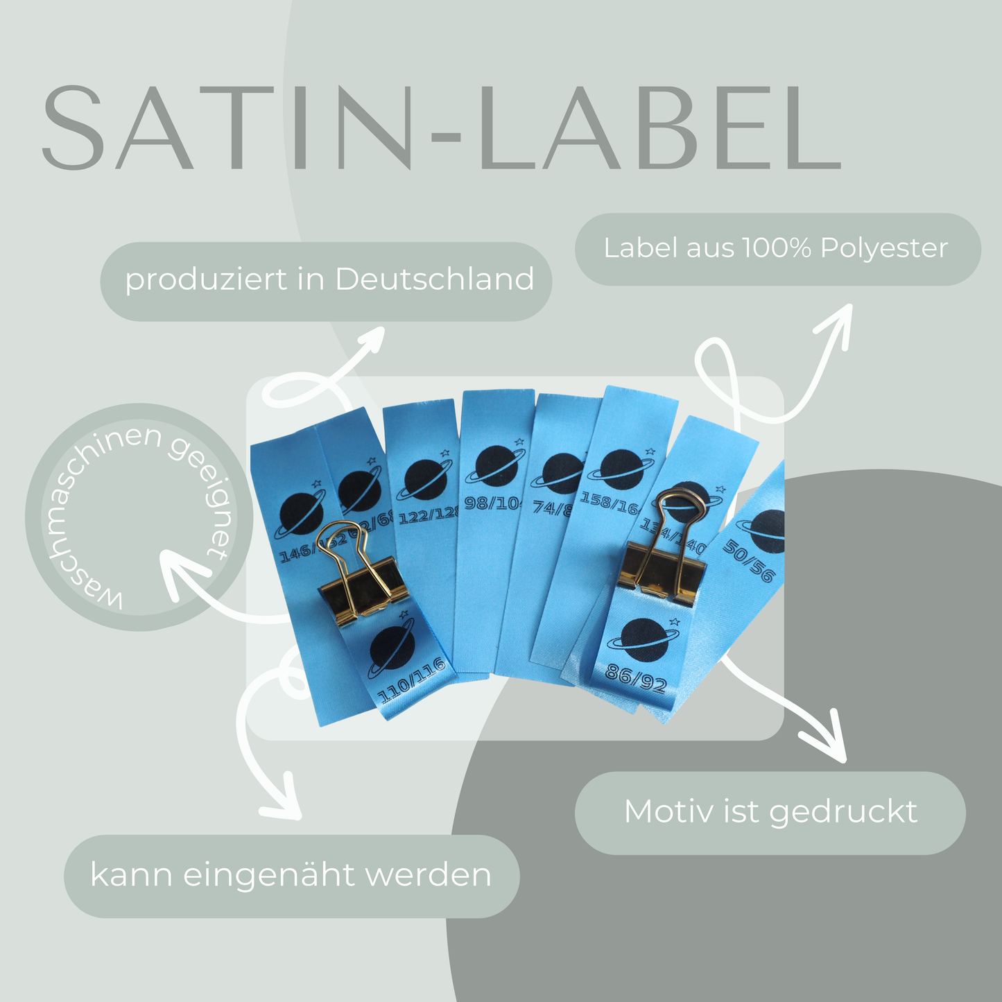 5 Stück Doppelgrößen Satin-Label "Planet" Eigenproduktion