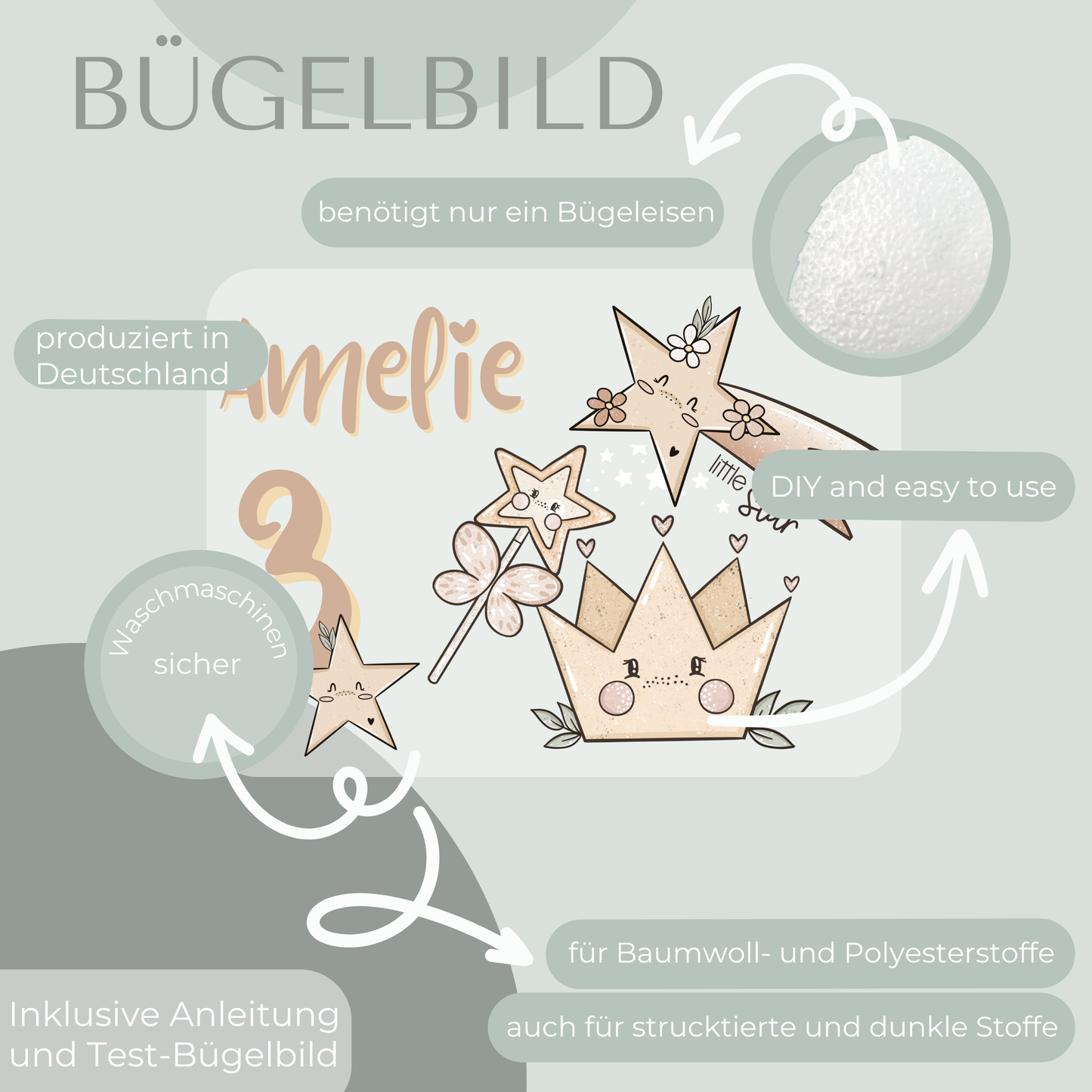 Personalisiertes Bügelbild-Set Sterne und Krone