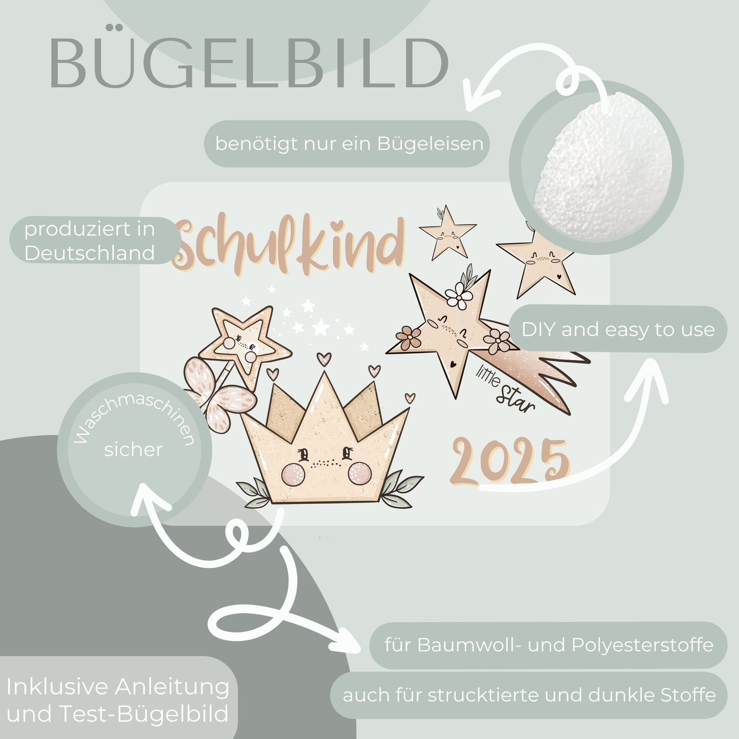 Bügelbild-Set Schulkind 2025 Sterne und Krone
