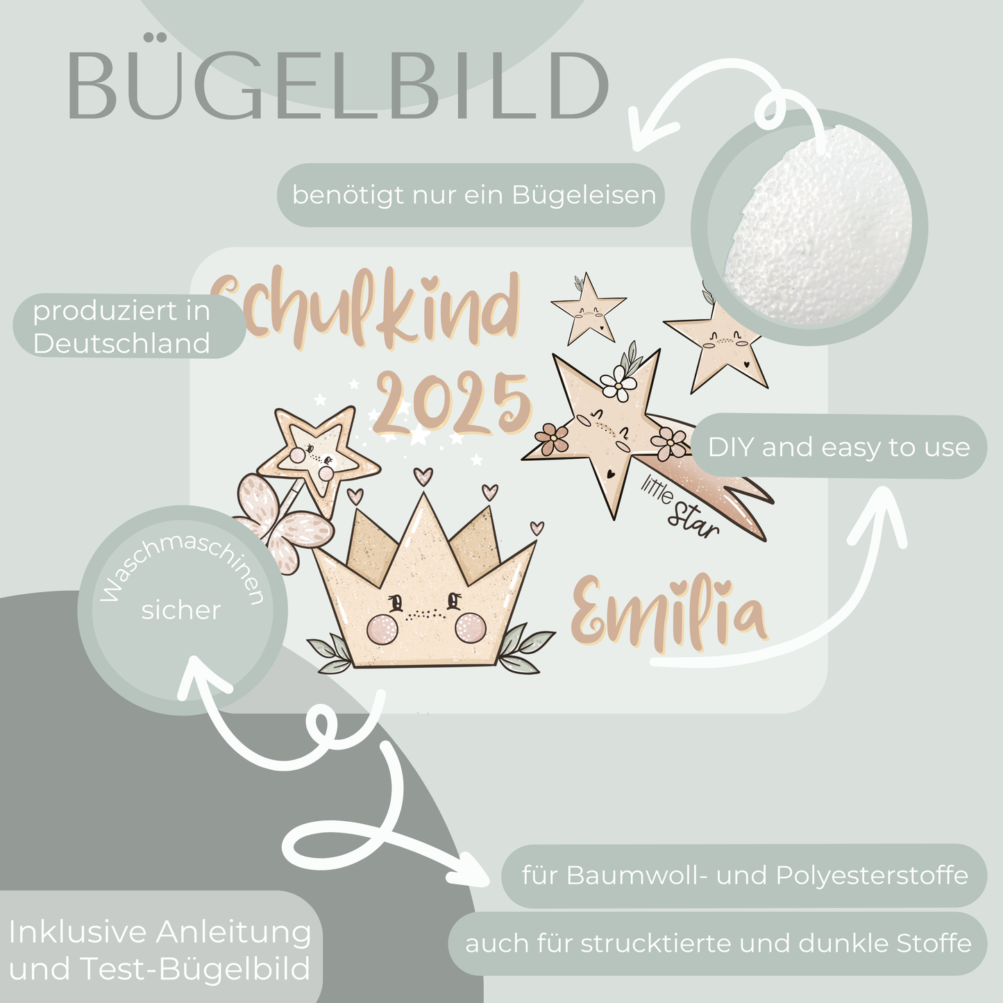 Personalisiertes Bügelbild-Set Schulkind 2025 Sterne und Krone II