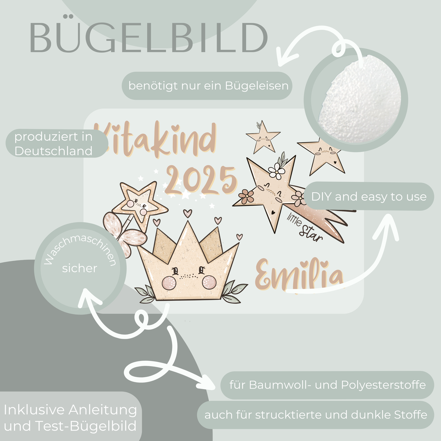 Personalisiertes Bügelbild-Set Kitakind 2025 Sterne und Krone II
