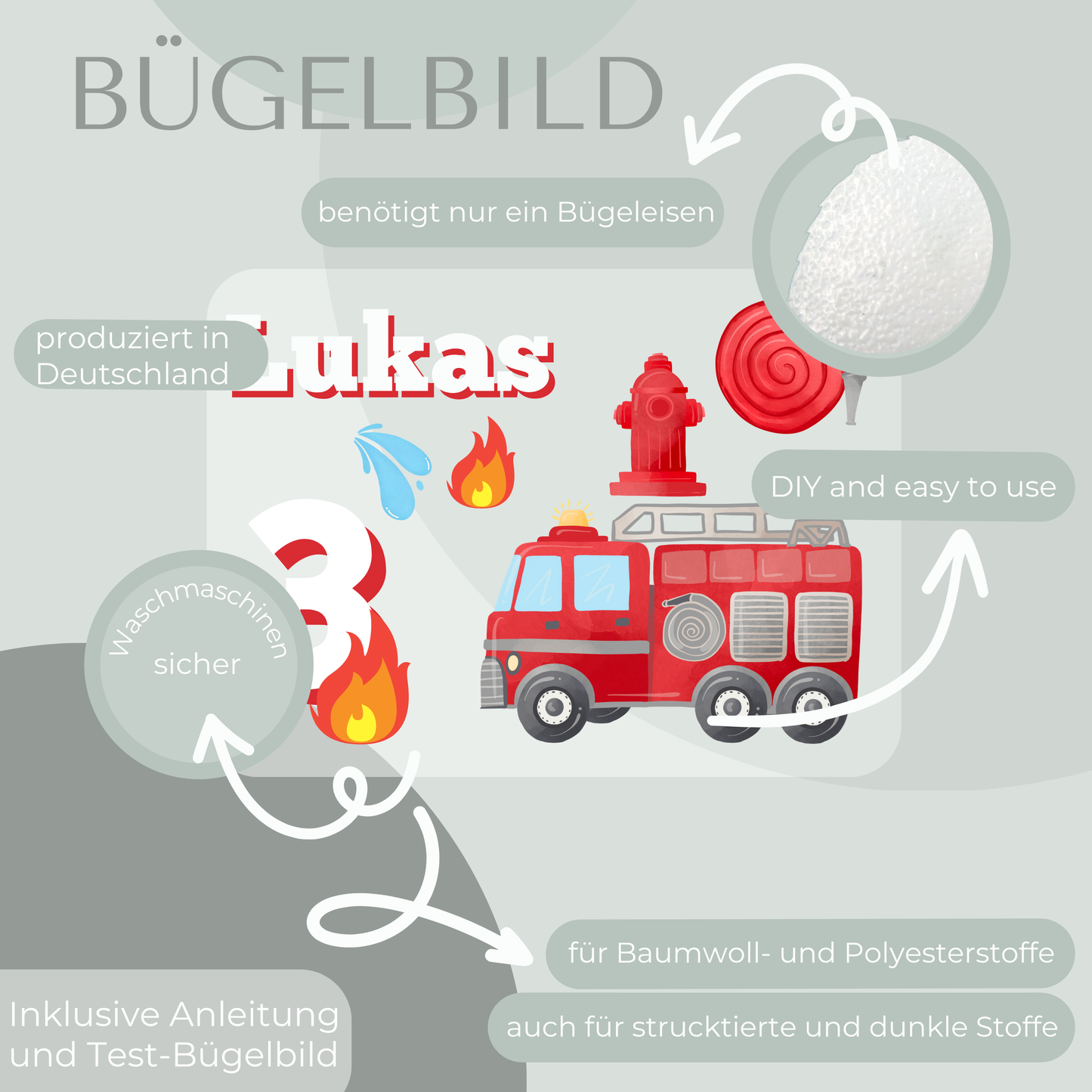 Personalisiertes Bügel-Bild Bügelbild-Set Feuerwehr-Motiv