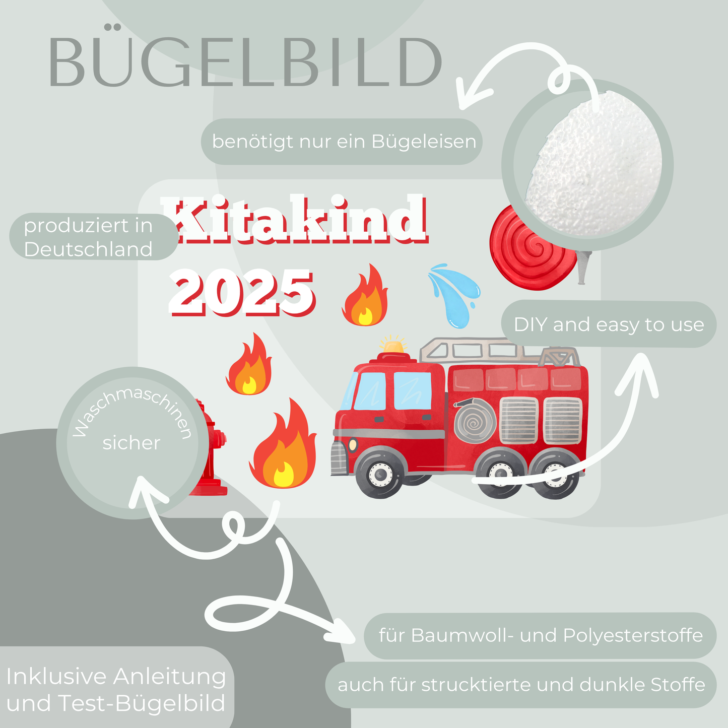 Personalisiertes Bügelbild-Set Kitakind 2025 Feuerwehr-Motiv