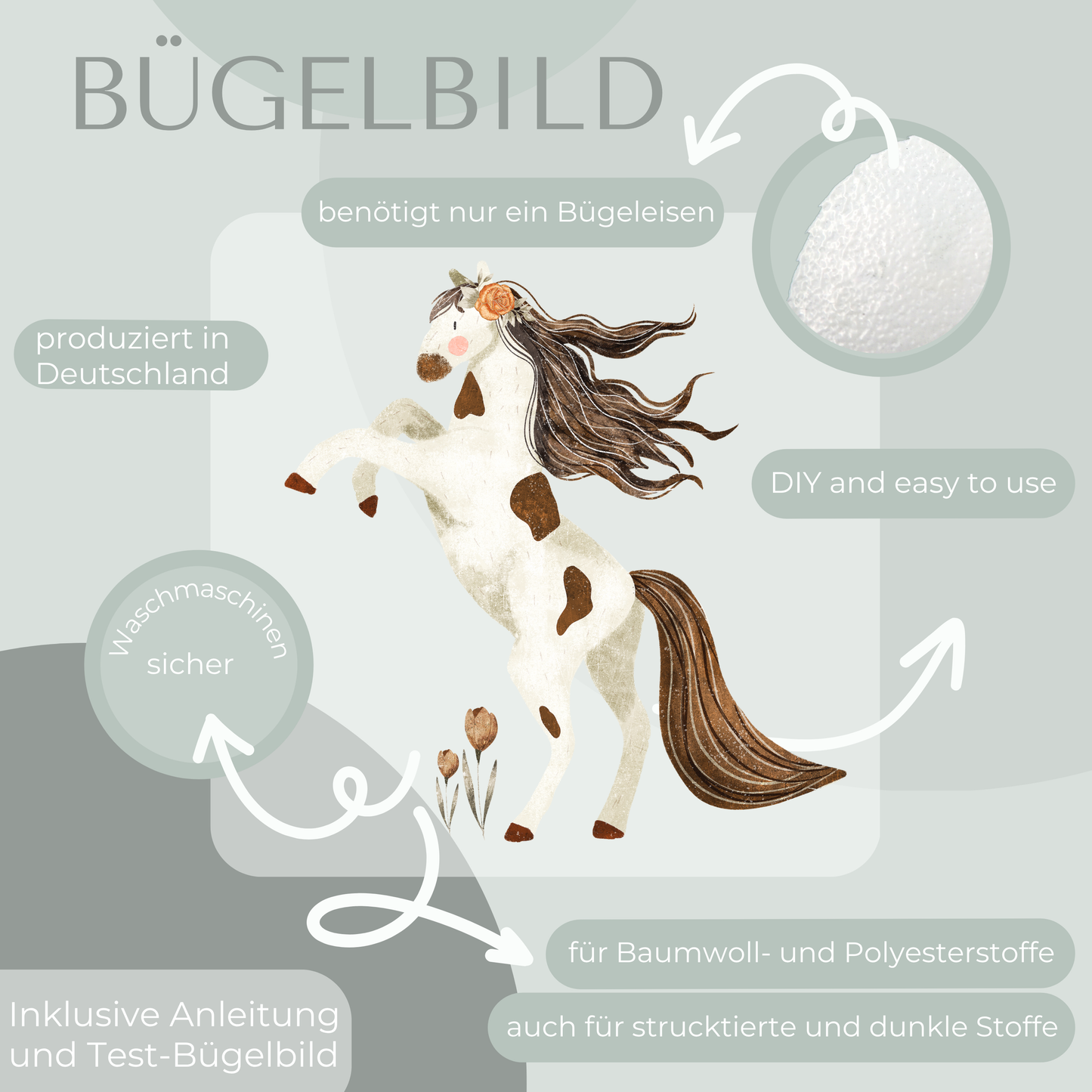 Pferd weiss/braun Bügelbild Eigenproduktion