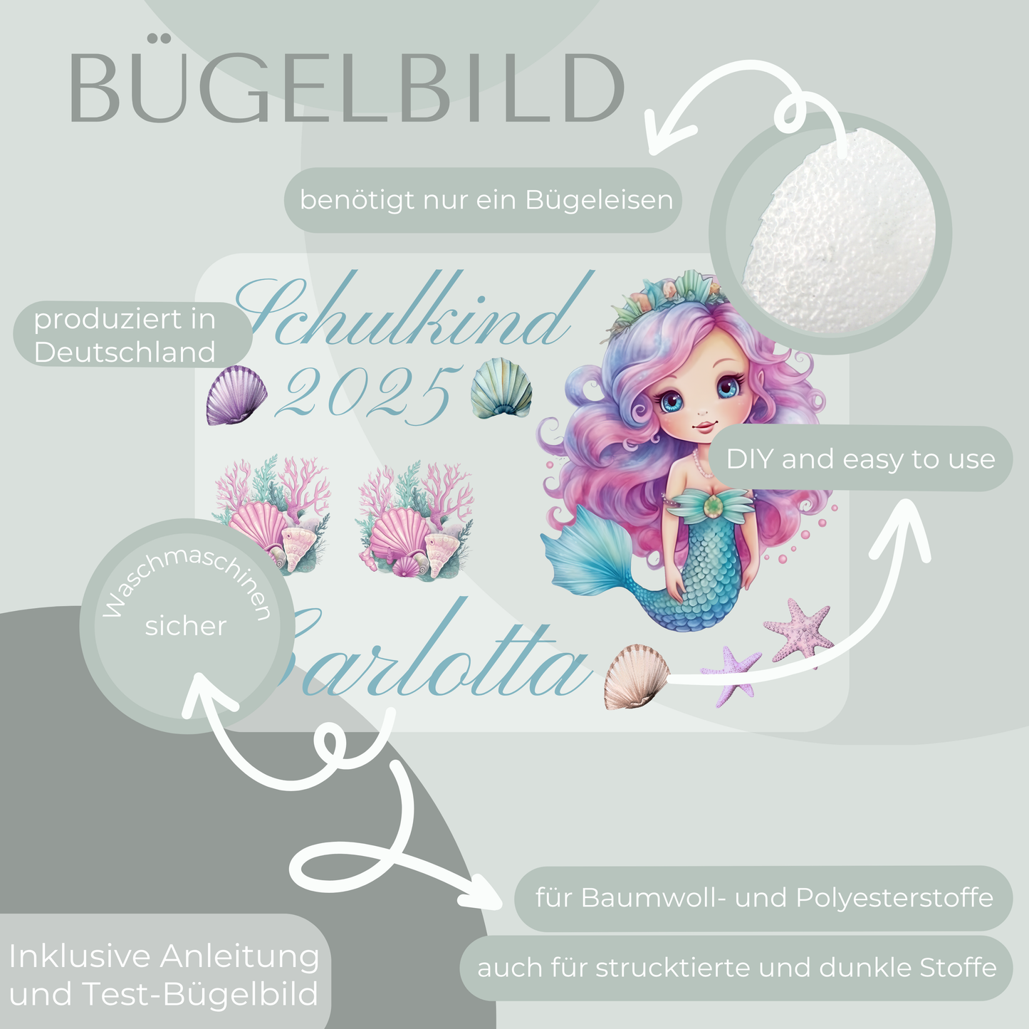 Personalisiertes Bügelbild-Set Schulkind 2025 Meerjungfrau