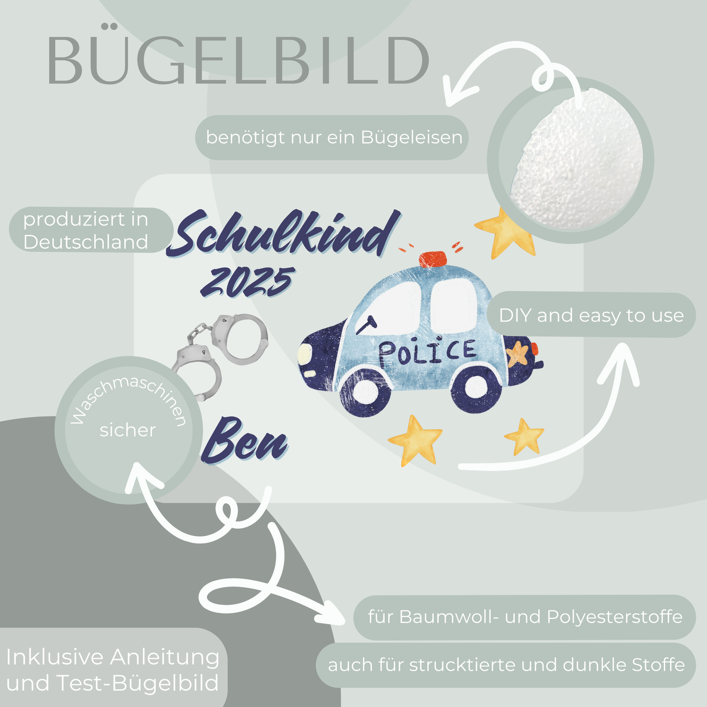 Personalisiertes Bügelbild-Set Schulkind 2025 Polizei