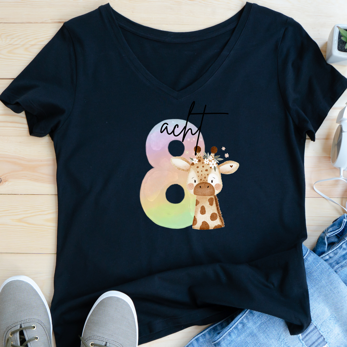 Geburtstagszahl 2 mit florale Giraffe - Mini Bügel-Bild Bügelbild Eigenproduktion