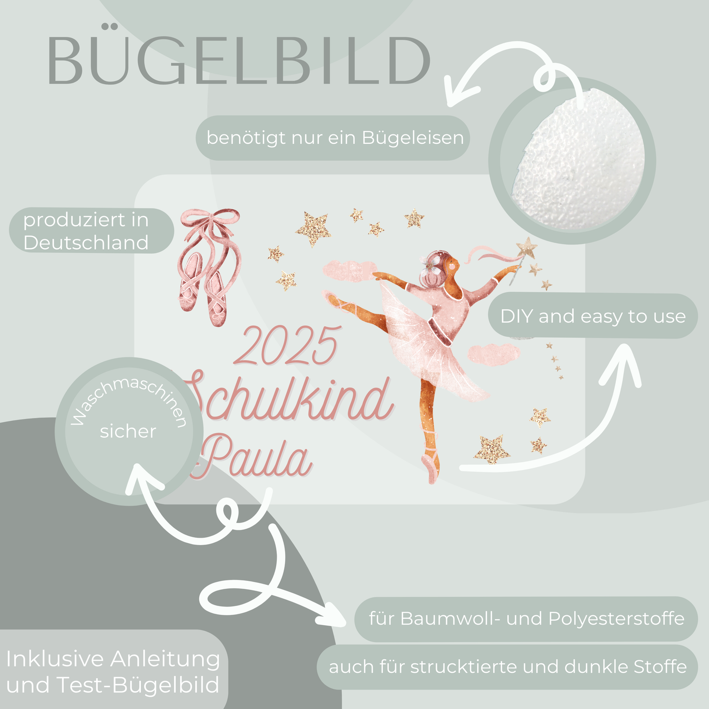 Personalisiertes Bügelbild-Set Schulkind 2025 Ballerina