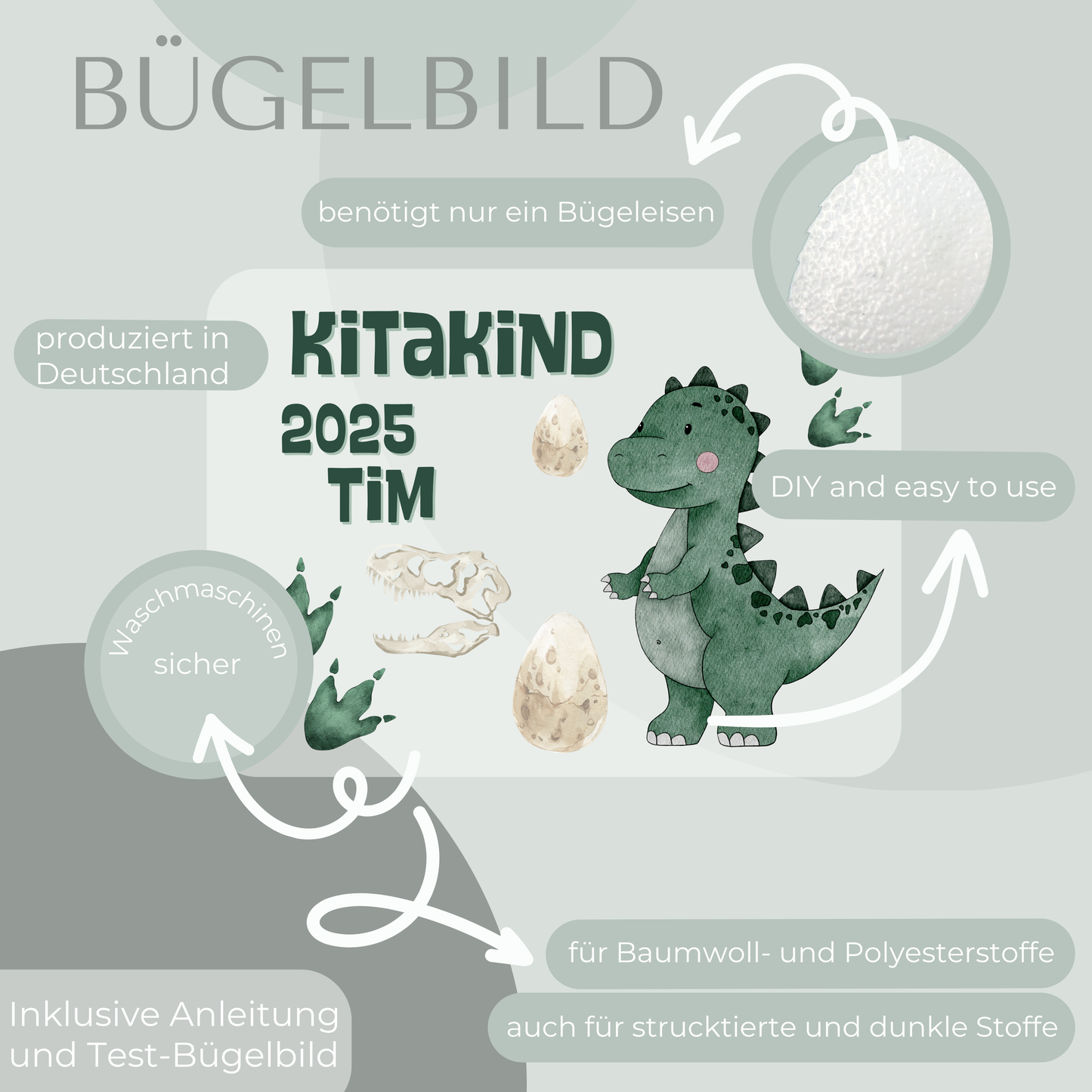 Personalisiertes Bügelbild-Set Kitakind 2025 Dinosaurier