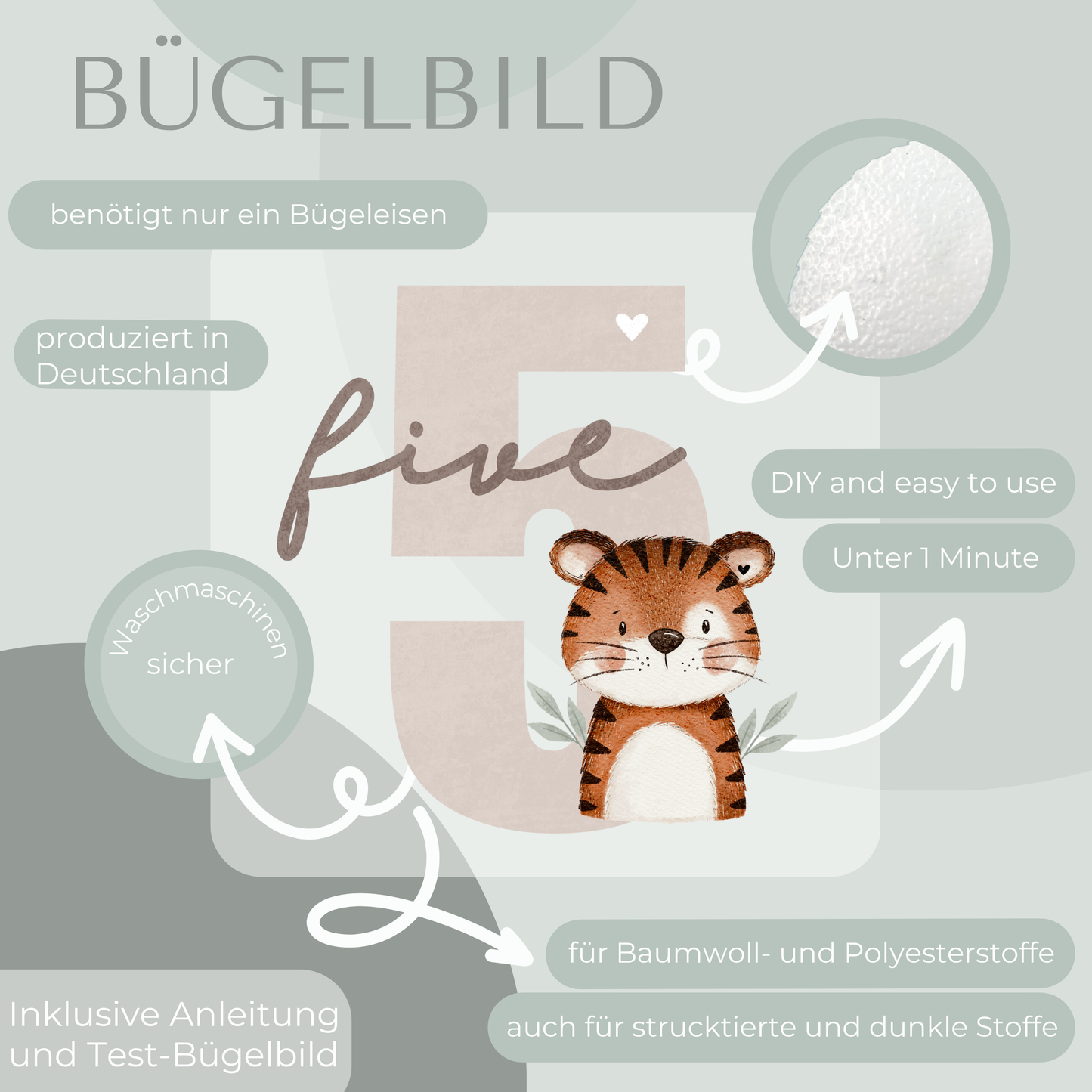 Geburtstagszahl 5 mit Tiger - Mini Bügel-Bild Bügelbild Eigenproduktion