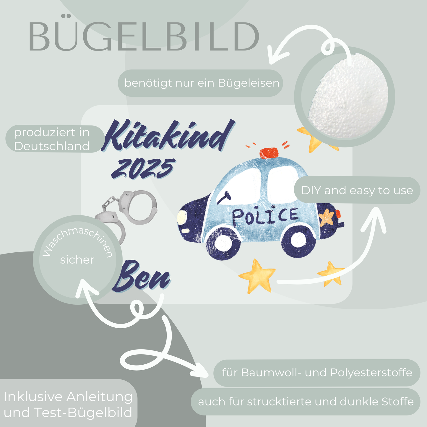 Personalisiertes Bügelbild-Set Kitakind 2025 Polizei