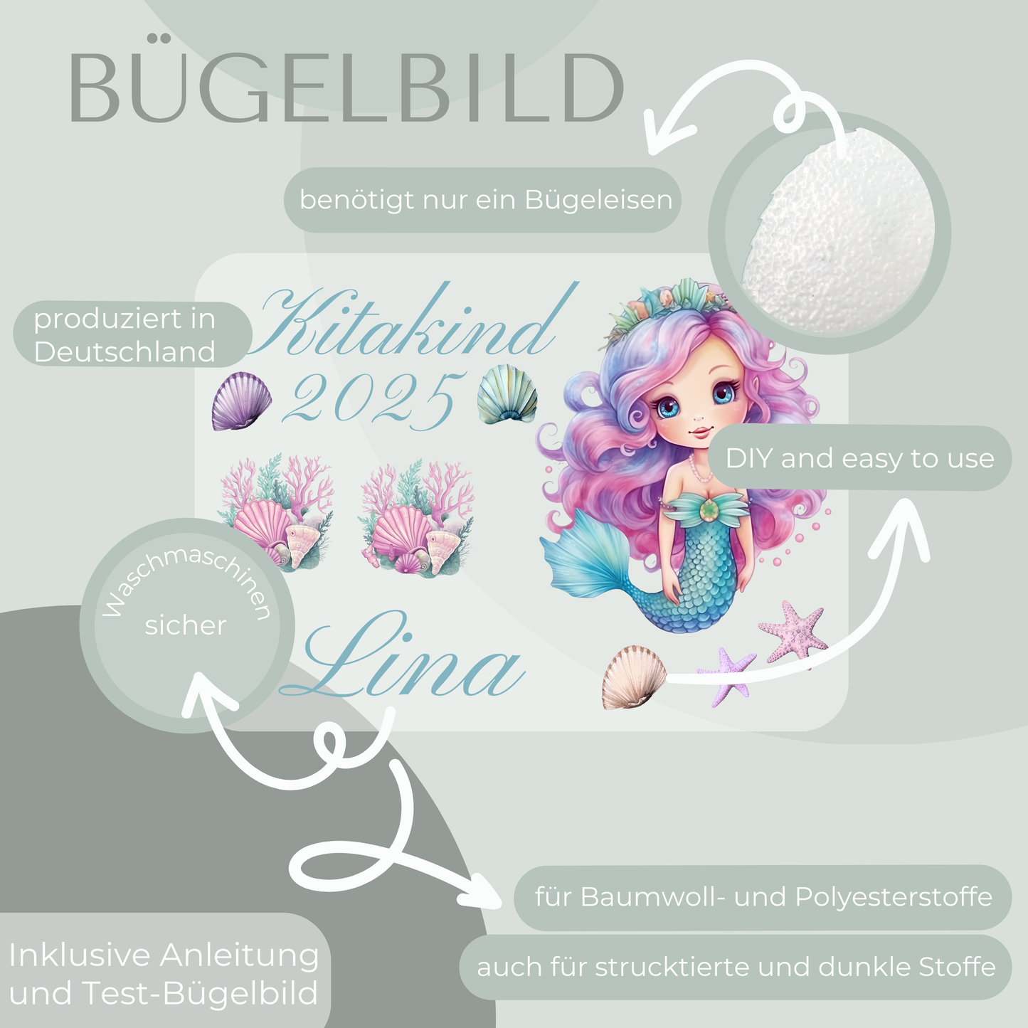 Personalisiertes Bügelbild-Set Kitakind 2025 Meerjungfrau