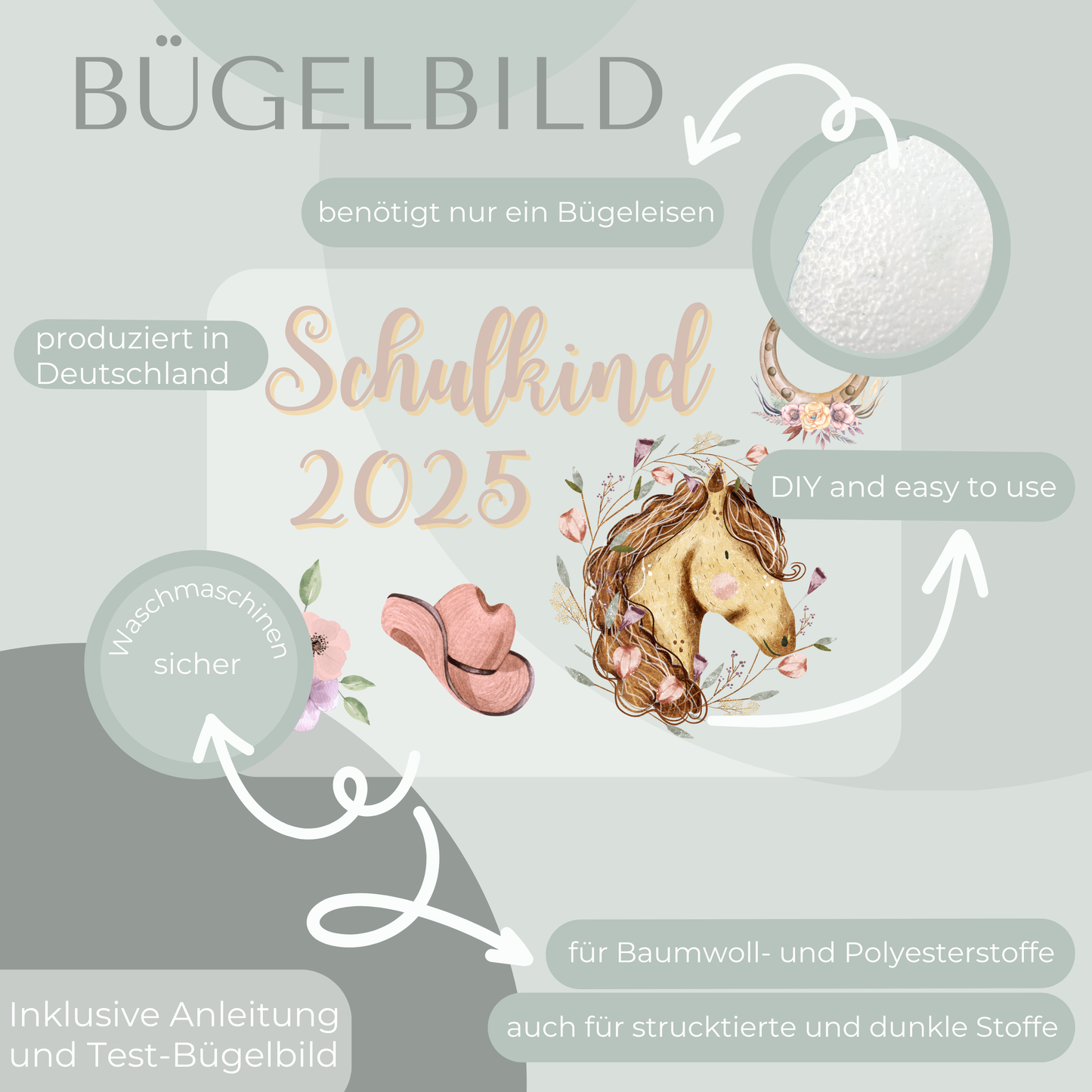 Bügelbild-Set Schulkind 2025 Pferd