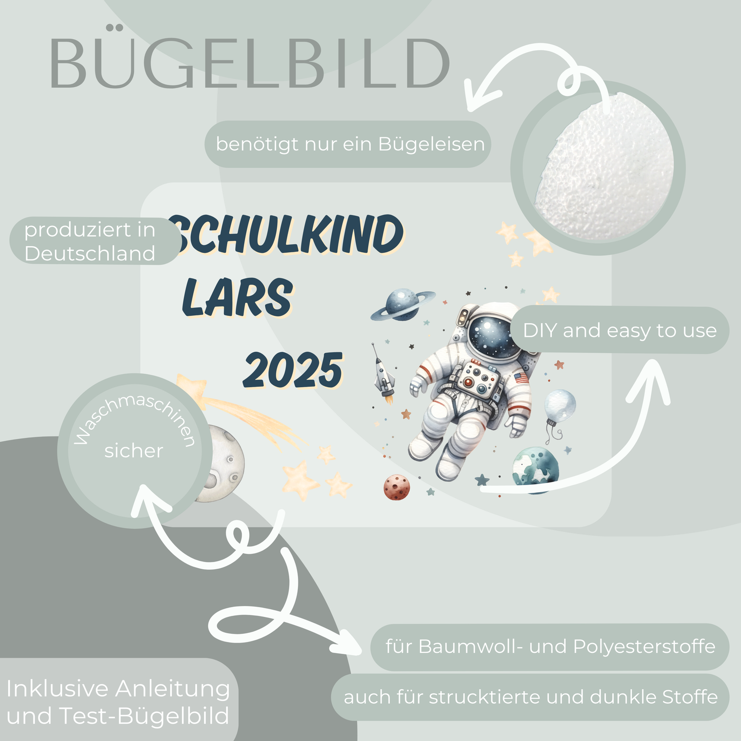 Personalisiertes Bügelbild-Set Schulkind 2025 Astronaut