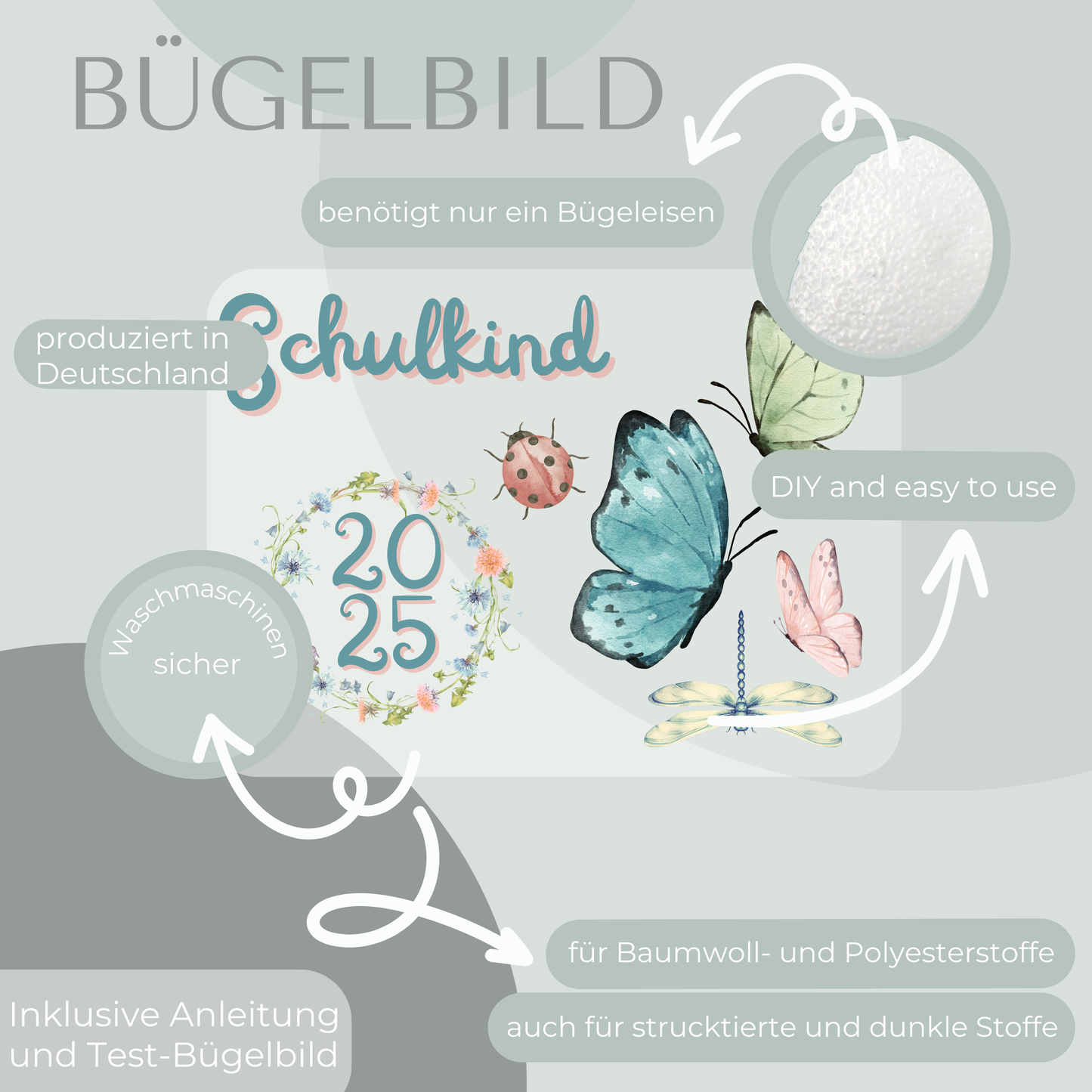 Bügelbild-Set Schulkind 2025 Schmetterling