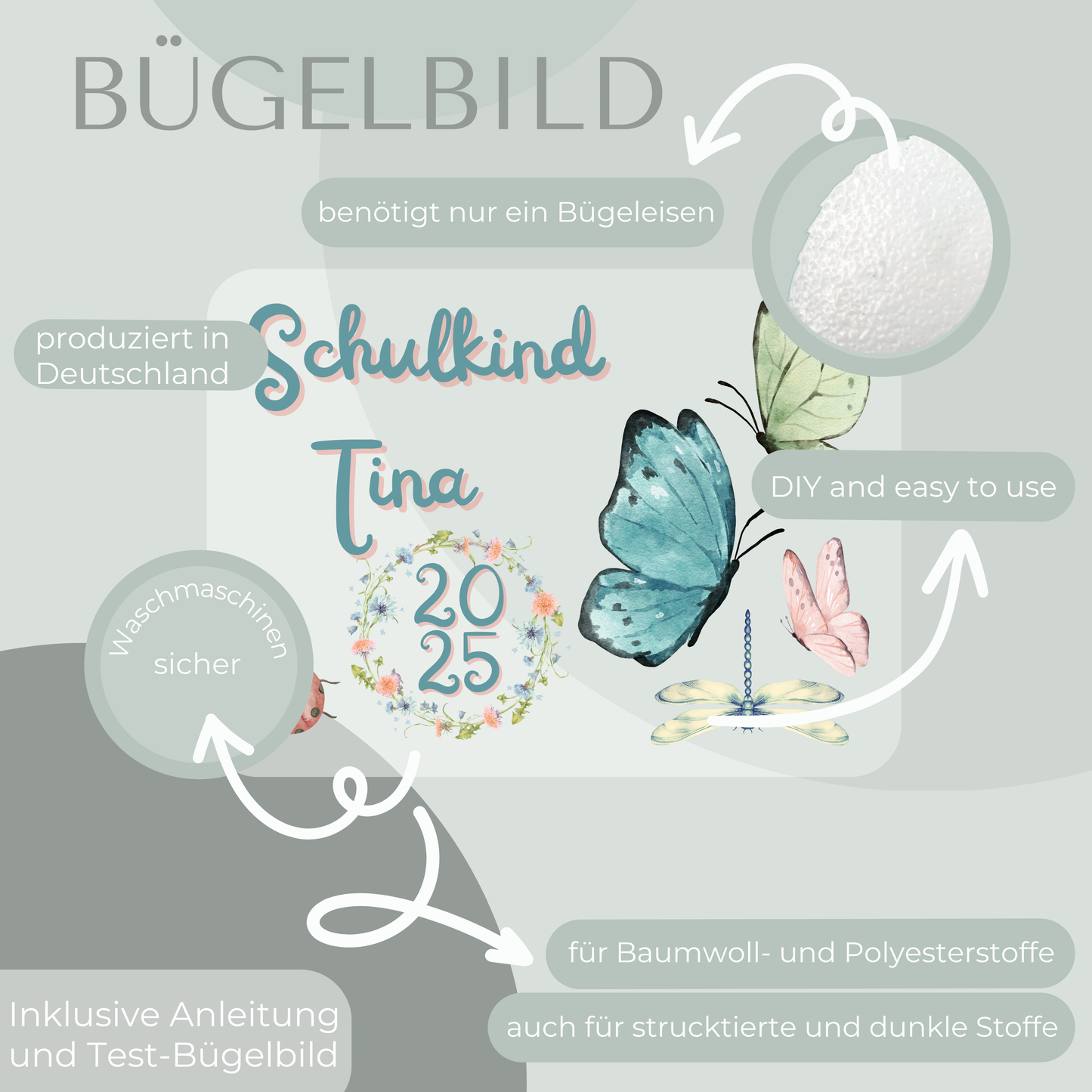 Personalisiertes Bügelbild-Set Schulkind 2025 Schmetterling