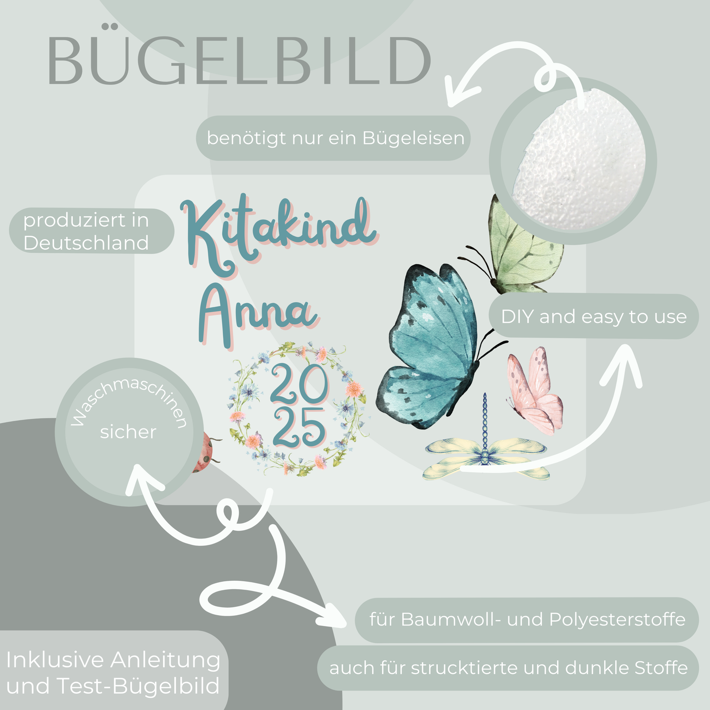 Personalisiertes Bügelbild-Set Kitakind 2025 Schmetterling