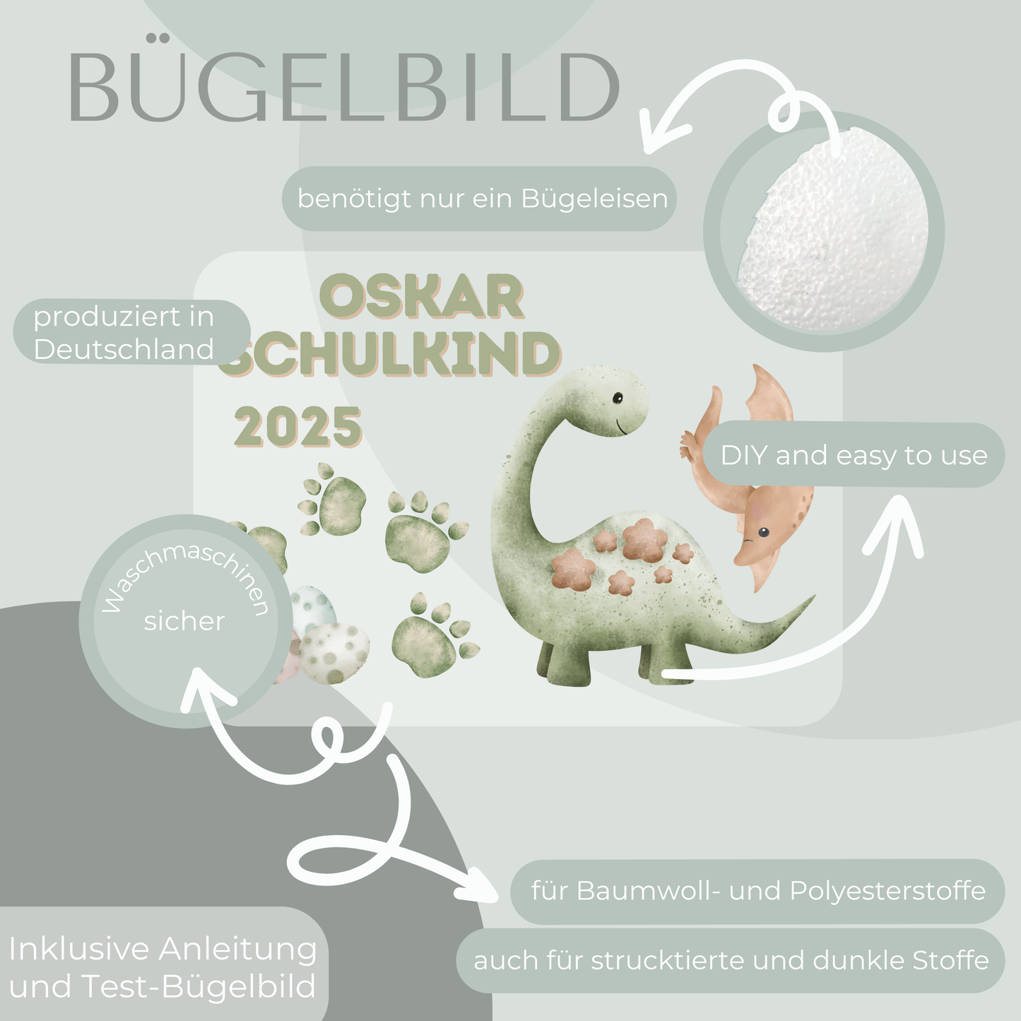 Personalisiertes Bügelbild-Set Schulkind 2025 Dinosaurier