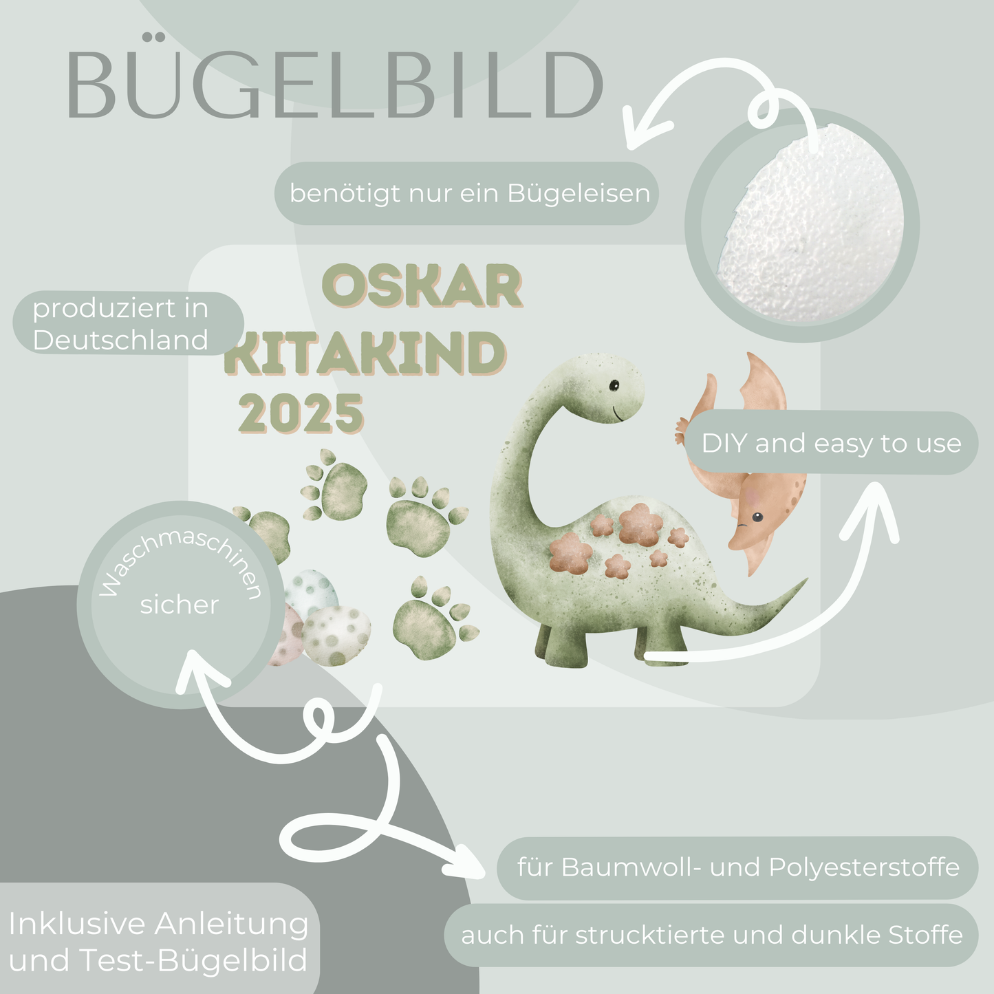 Personalisiertes Bügelbild-Set Kitakind 2025 Dinosaurier