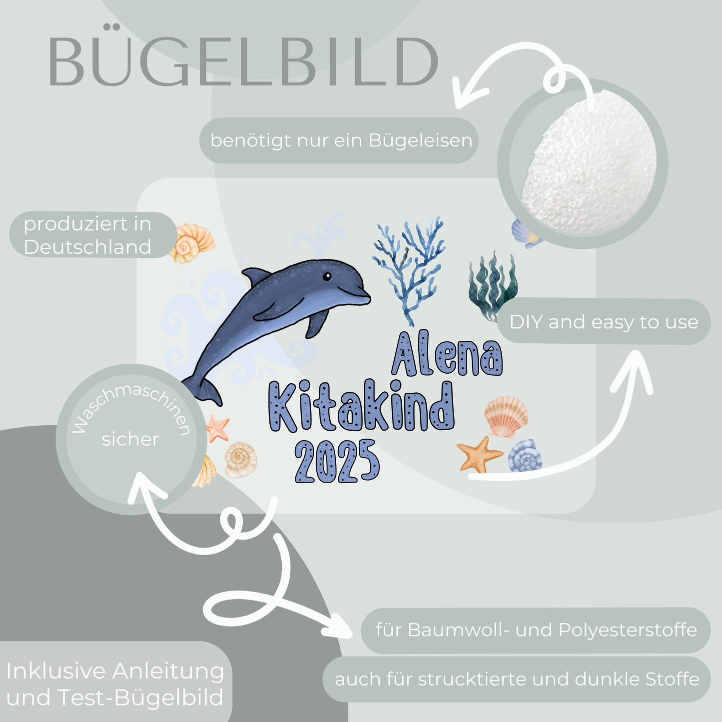 Personalisiertes Bügelbild-Set Kitakind 2025 Delfin