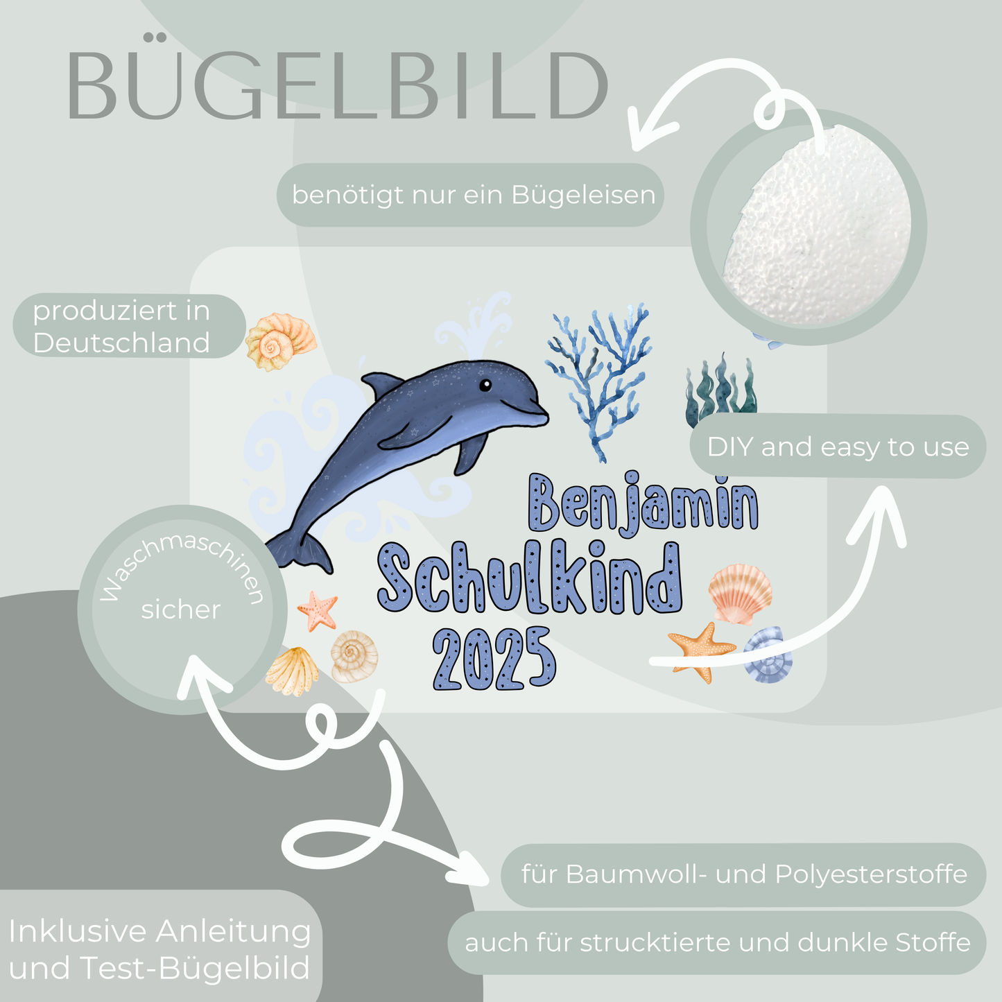Personalisiertes Bügel-Bild Bügelbild-Set Schulkind 2025 Delfin