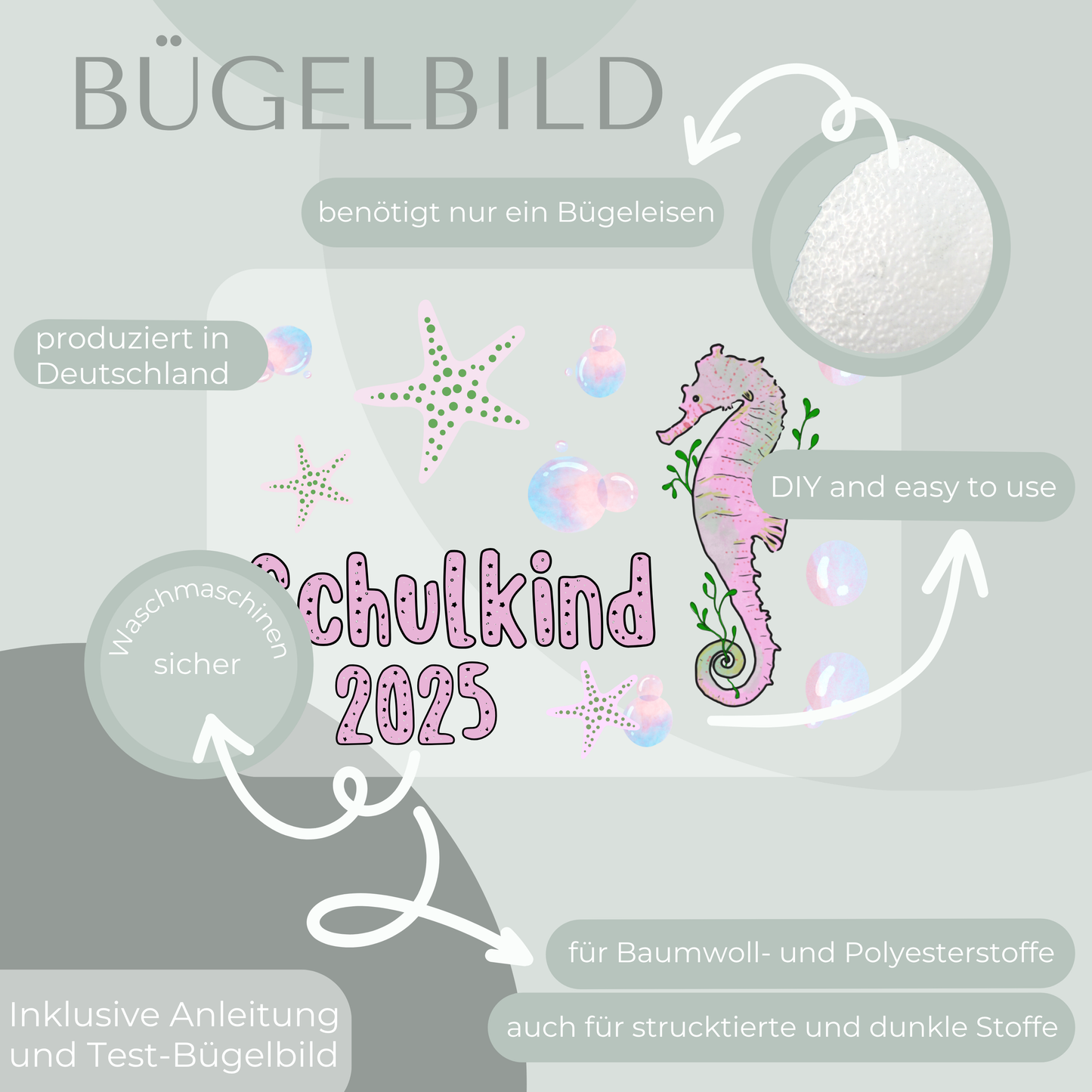 Bügelbild-Set Schulkind 2025 Seepferd