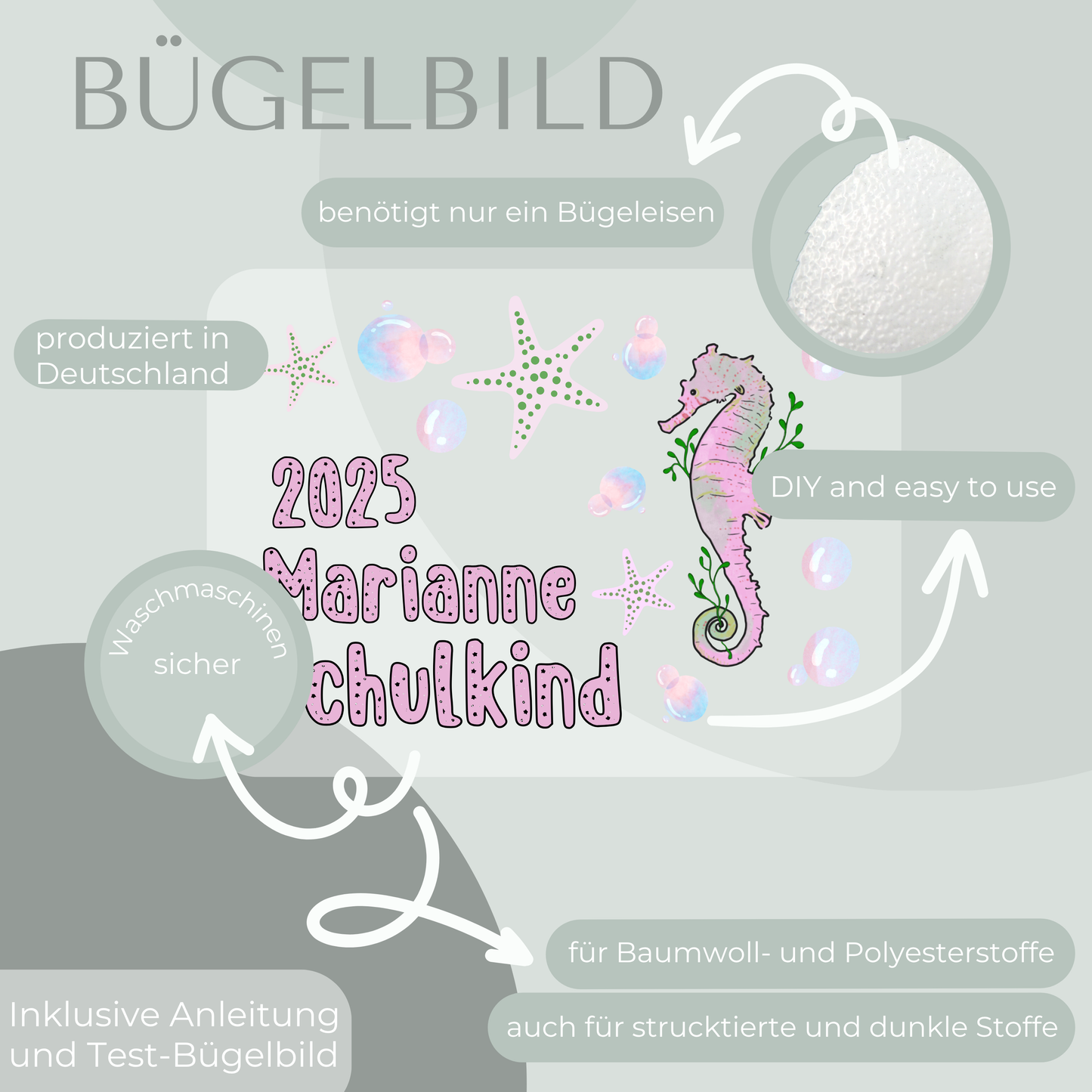 Personalisiertes Bügelbild-Set Schulkind 2025 Seepferd