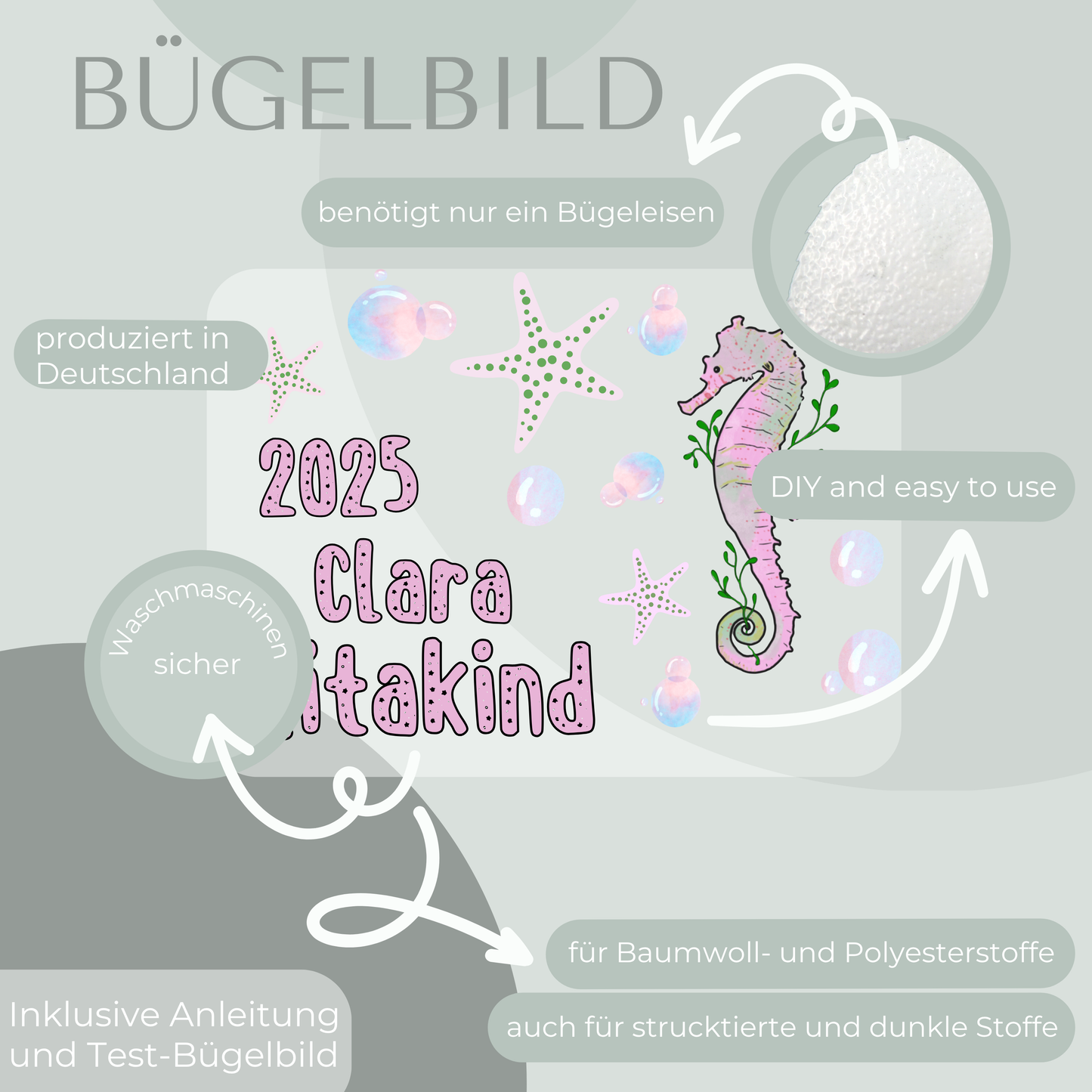 Personalisiertes Bügelbild-Set Kitakind 2025 Seepferd