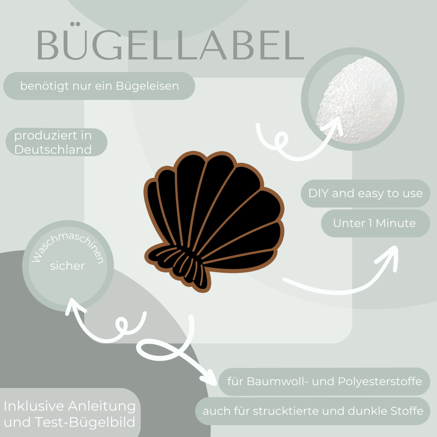 Muschel Bügel Label Bügellabel Eigenproduktion