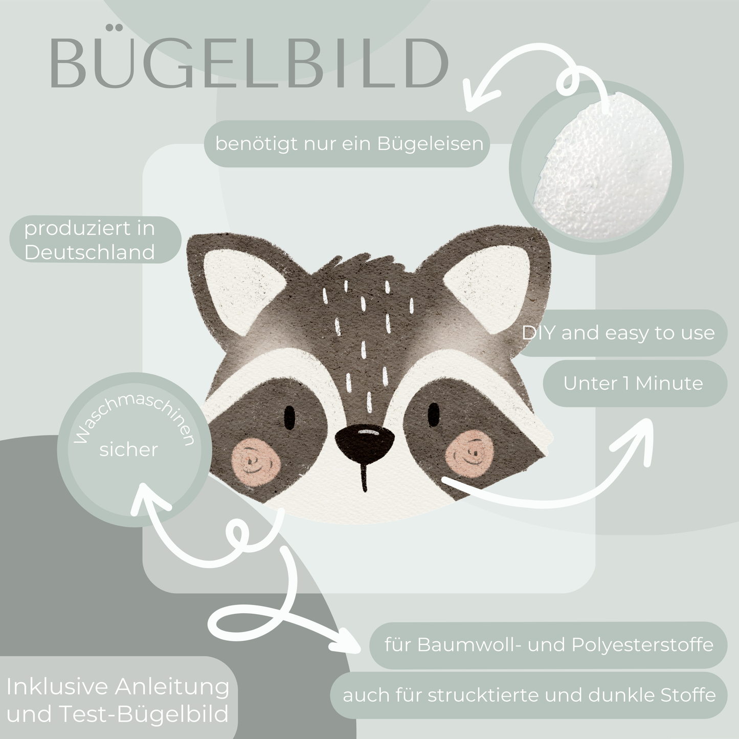 Waschbärkopf - Bügelbild Eigenproduktion
