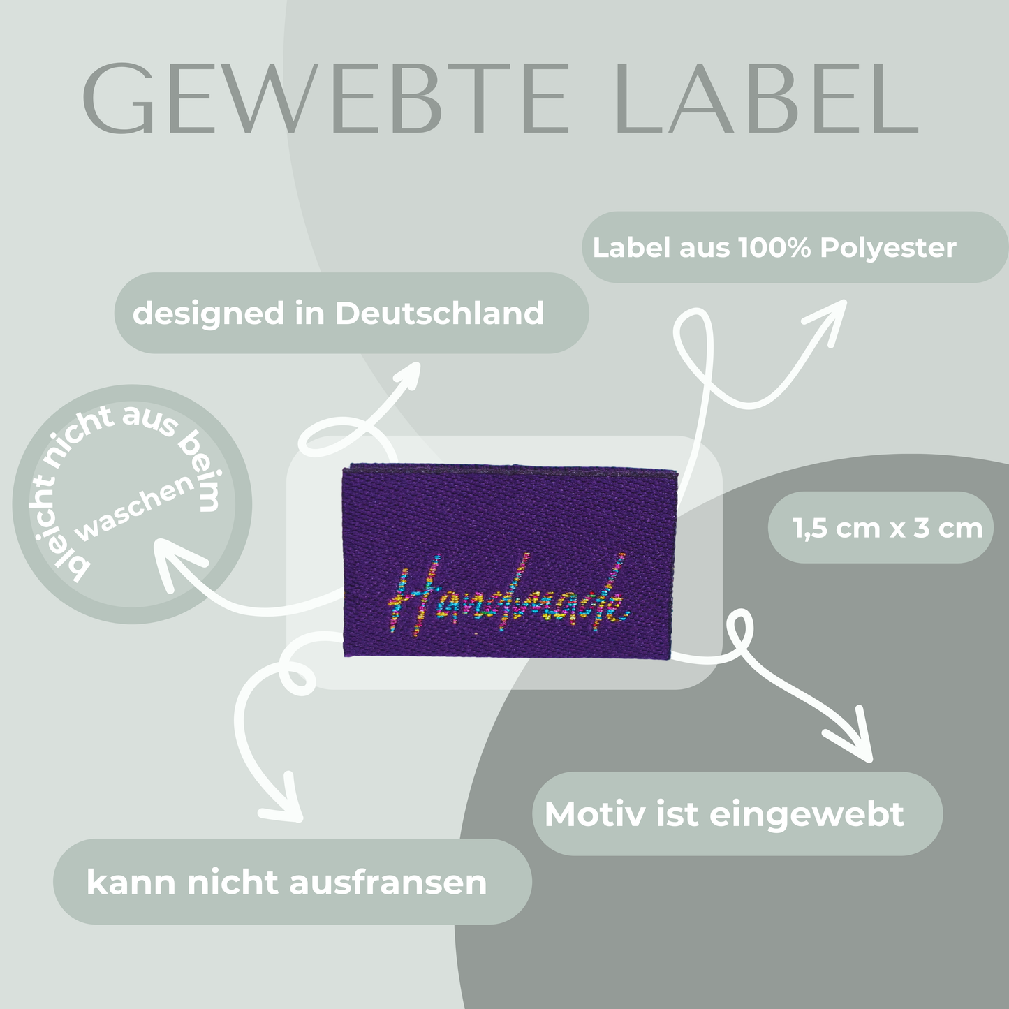 Handmade Lila Bunt Glitzer Label gewebt Eigenproduktion