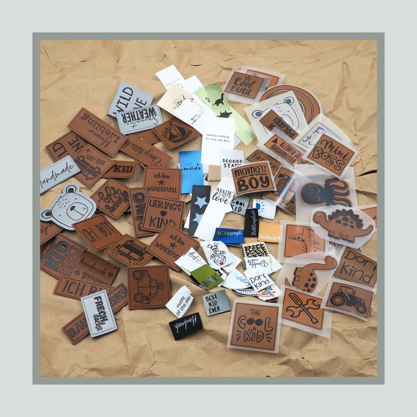 Label Box / Kunstleder Label, Knick Label, Web Label, Satin, Bügel Label