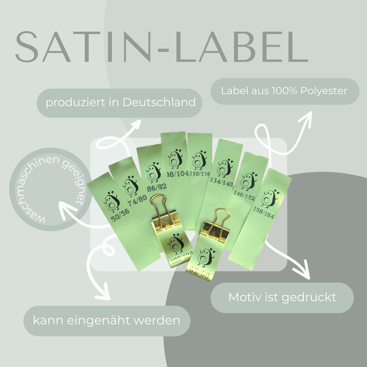 5 Stück Doppelgrößen Satin-Label "Avocado" Eigenproduktion