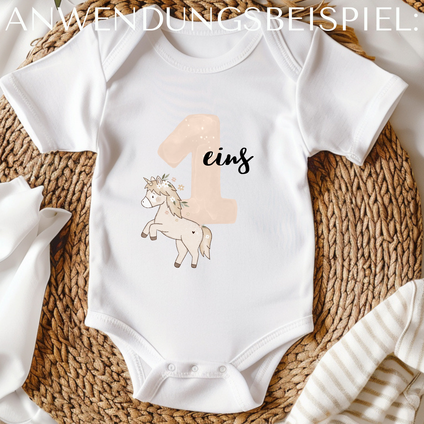 Einhorn floral beige Bügel-Bild Bügelbild Eigenproduktion