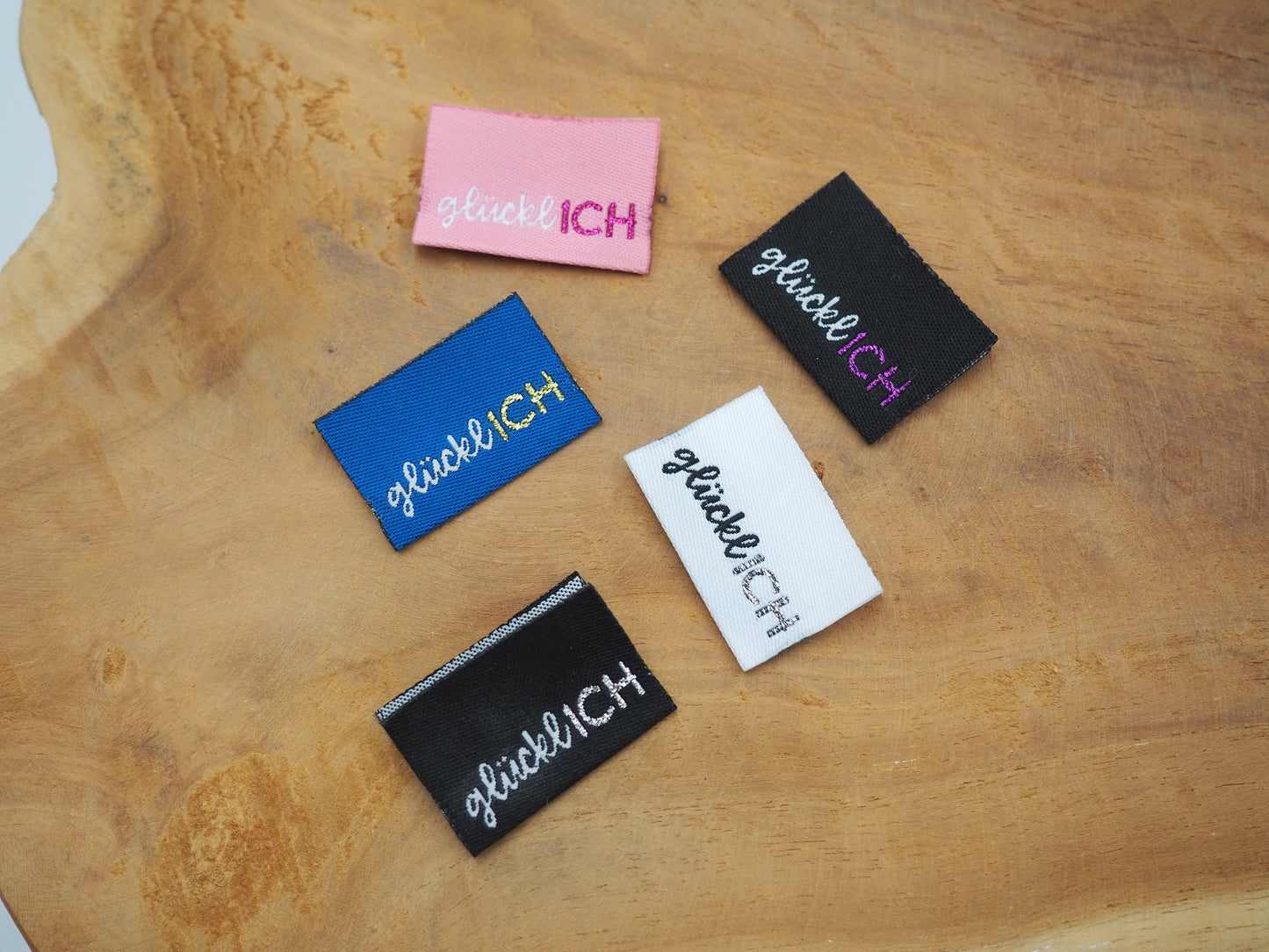 glücklICH in blau Web Label gewebt Eigenproduktion
