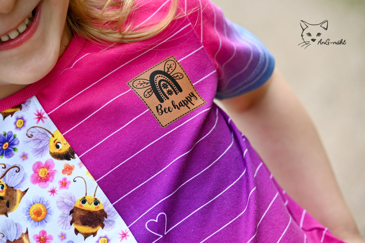 Bee happy Regenbogen Bügel Label Bügellabel Eigenproduktion