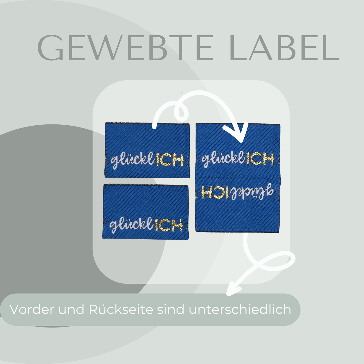 gewebtes Label mit der Aufschrift glücklICH, glückl ist in weißer Schrift und das ICH in goldener Schrift auf einem Blauen Label.