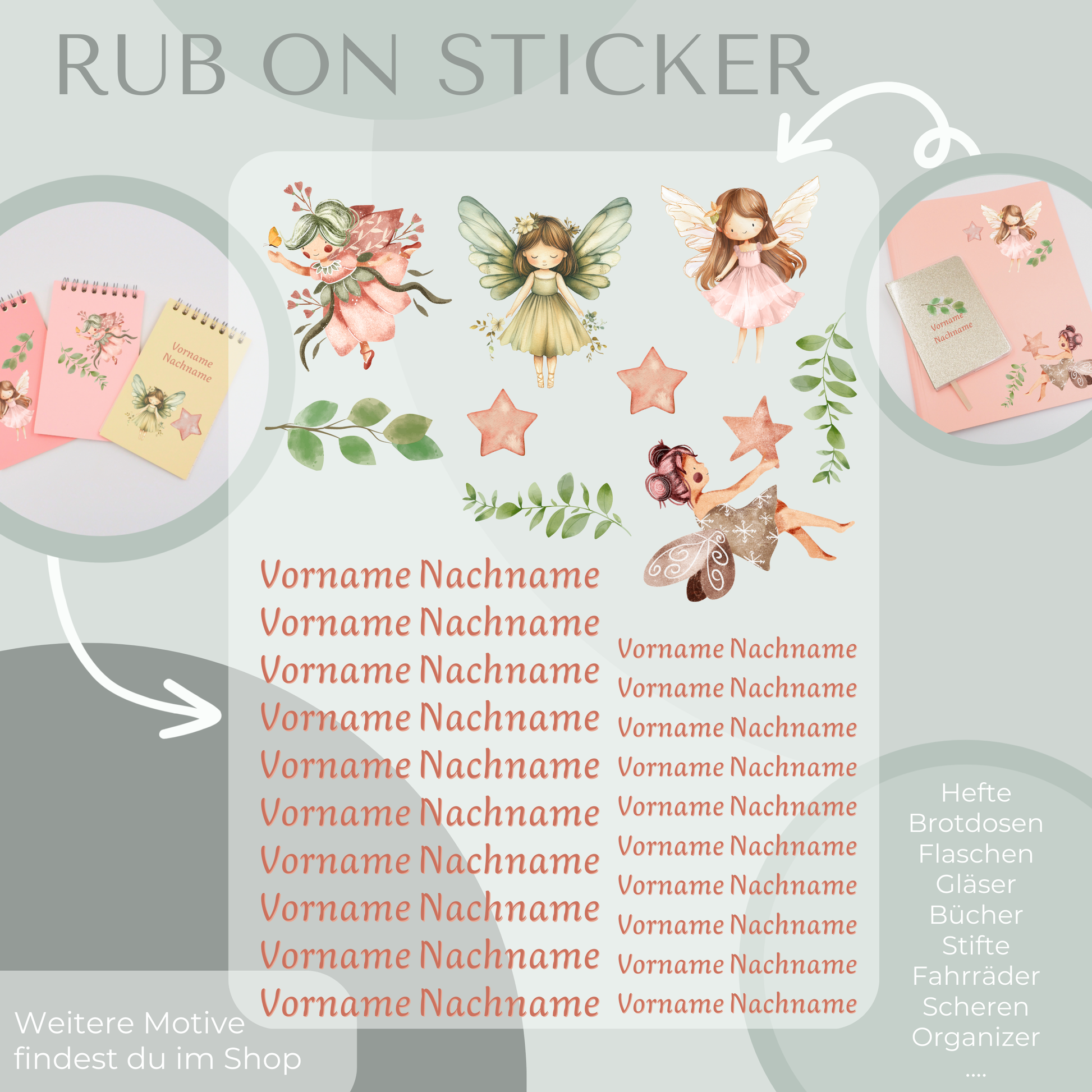 Personalisierte Rub-On Sticker Sets mit Feen Motiv.