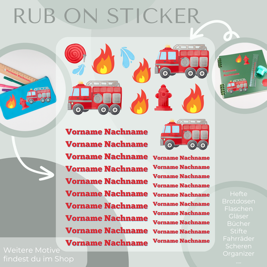 Personalisierte Rub-On Sticker mit Feuerwehr Motiv.