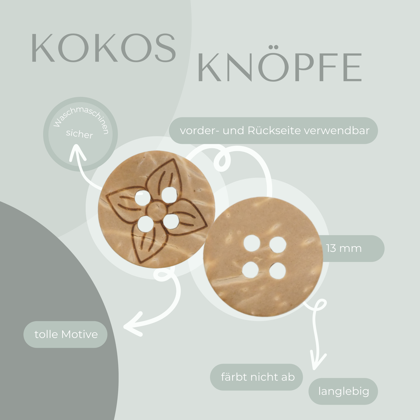 Kokosknopf Blumengravur 13 mm