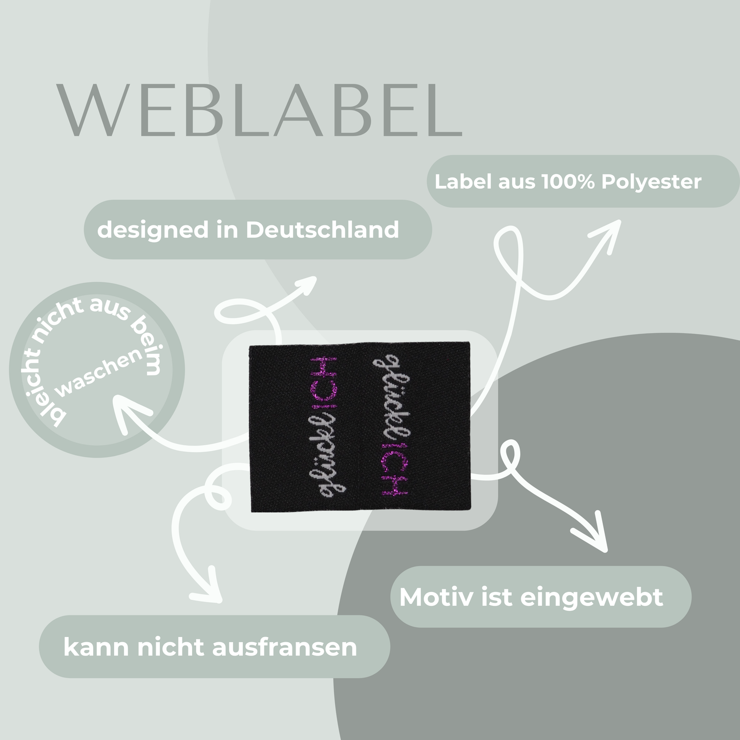glücklICH in Schwarz Web Label gewebt Eigenproduktion