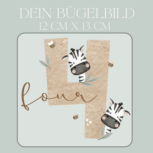 Geburtstagszahl 4 mit Zebra - Maxi Bügel-Bild Bügelbild Eigenproduktion