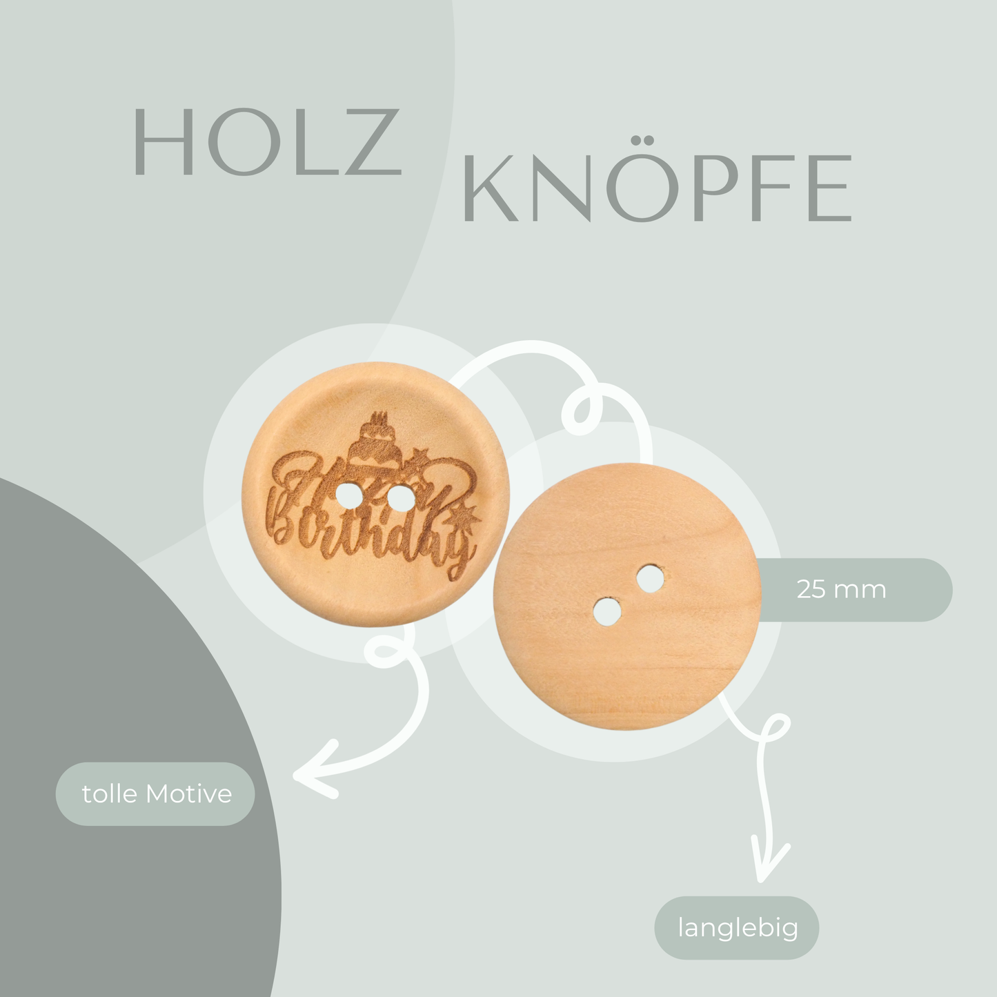 Eigenproduktion Holzknopf Happy Birthday 25mm