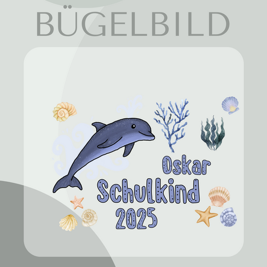 Bügelbild-Set personalisiert Schulkind 2025 Delfin