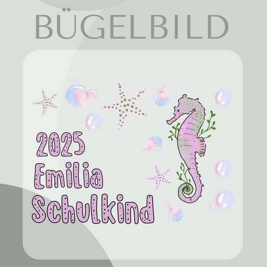 Bügelbild-Set personalisiert Schulkind 2025 Seepferd