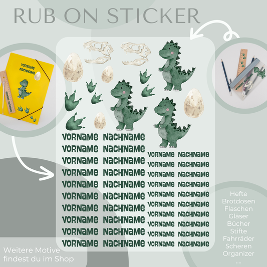 Personalisierte Rub-On Sticker mit Dinosaurier Motiv.