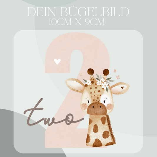 Geburtstagszahl 2 mit florale Giraffe - Mini Bügel-Bild Bügelbild Eigenproduktion