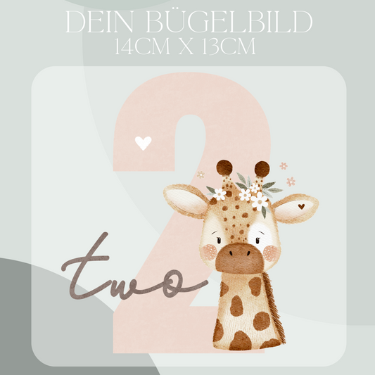 Geburtstagszahl 2 mit florale Giraffe - Maxi Bügel-Bild Bügelbild Eigenproduktion