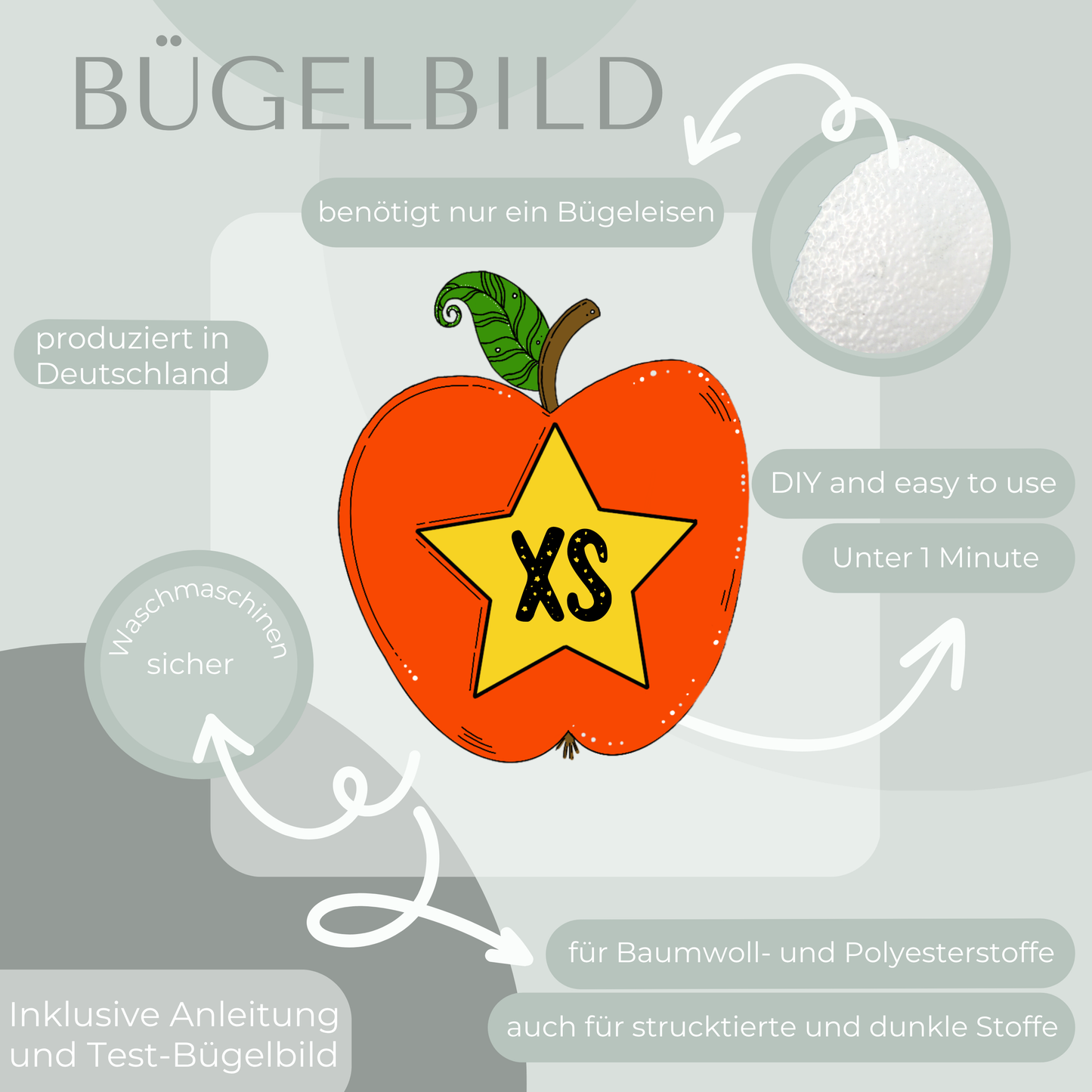 10 Stück Apfel Größen-Bügelbilder Set Größenlabel Eigenproduktion