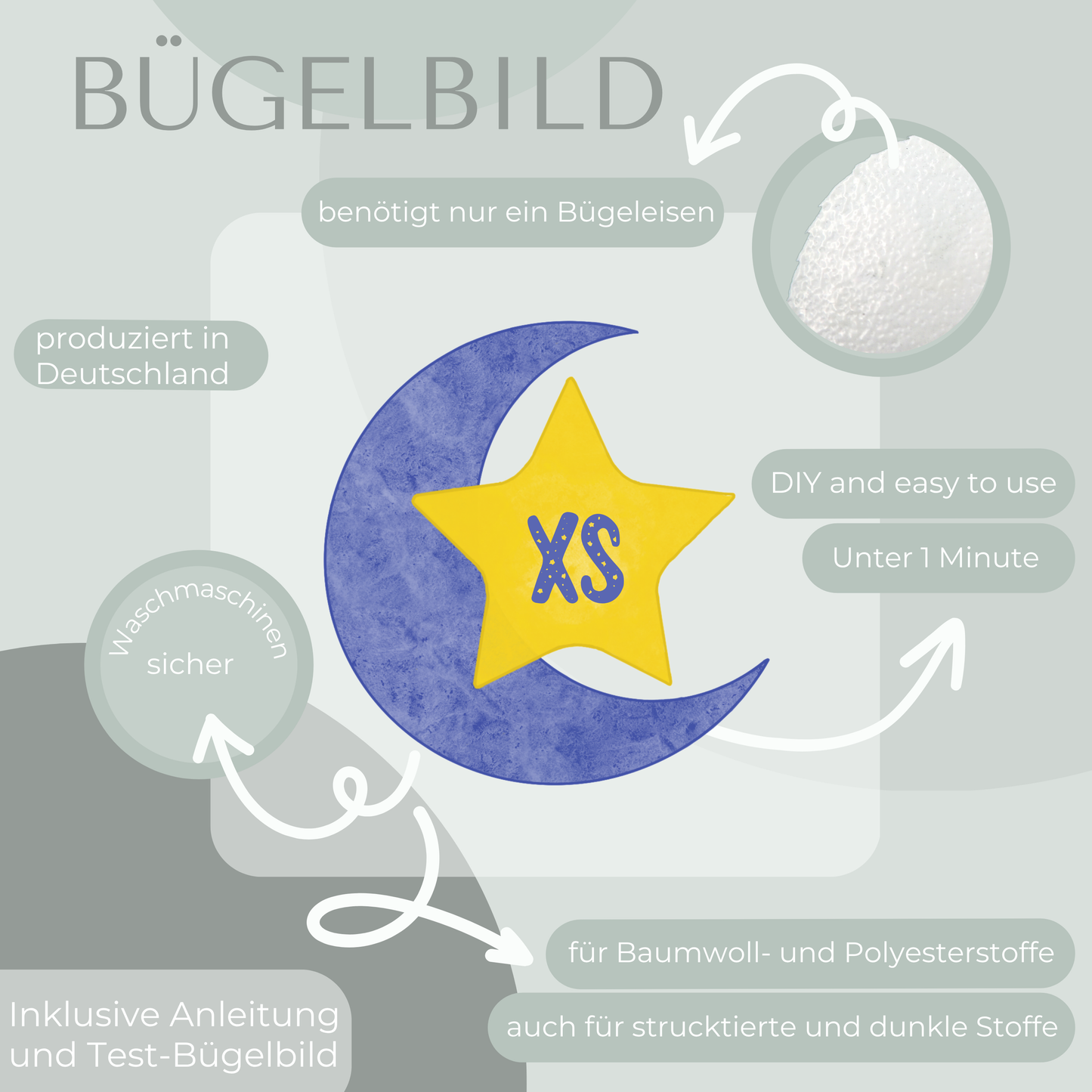 10 Stück Mond und Stern Größen-Bügelbilder Set Größenlabel Eigenproduktion